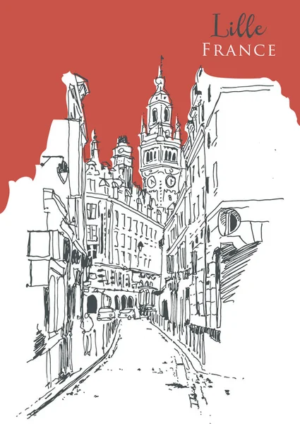 Vector Desenhado Mão Ilustração Esboço Lille Com Torre Câmara Municipal —  Vetores de Stock