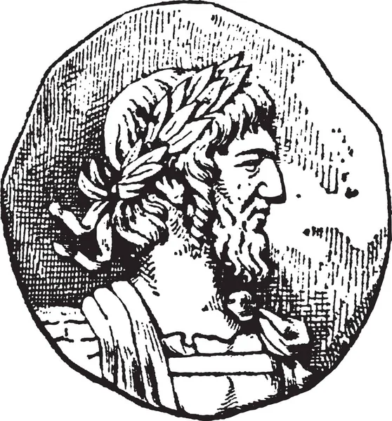 葉を持つ古代のコインに頭のヴィンテージ彫刻スタイルのベクトルイラスト — ストックベクタ