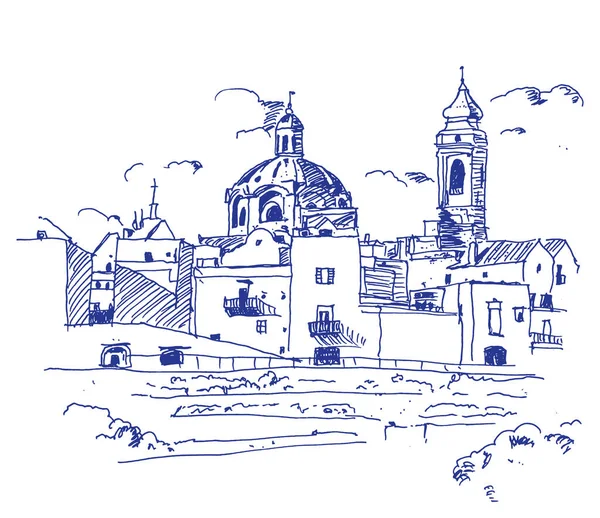 Dibujo Dibujado Mano Vectorial Ilustración Locorotondo Una Ciudad Municipio Ciudad — Archivo Imágenes Vectoriales