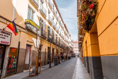 Madrid, Spain - FEB 16, 2022: Generic architecture and street view from the Chueca neighborhood of Madrid, the capital of Spain. clipart