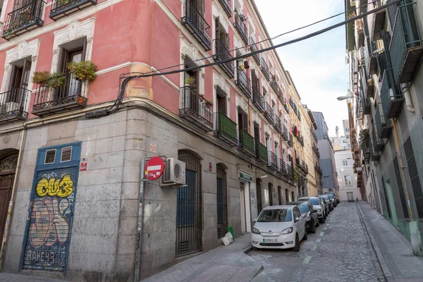 stock image Madrid, Spain - FEB 16, 2022: Generic architecture and street view in the central streets of Madrid, the capital of Spain.