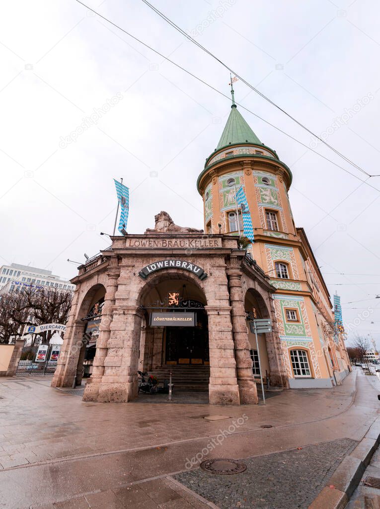 Munich, Germany - December 24, 2021: Lowenbraukeller is a beer hall and event center located in Maxvorstadt, Munich, Bavaria, Germany.