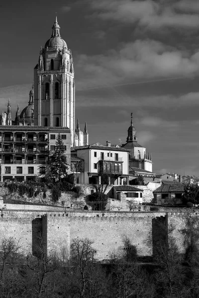 Városkép Kilátás Ősi Város Segovia Torony Segovia Katedrális Kilátással Városra — Stock Fotó