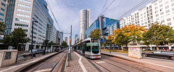 Rotterdam Netherlands October 2021 Modern Light Rail City Tram Passing — Stock Photo, Image