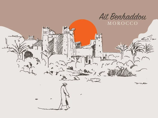 stock vector Vector hand drawn sketch illustration of Ait Benhaddou, a fortified village along the former caravan route between the Sahara and Marrakesh in Morocco.