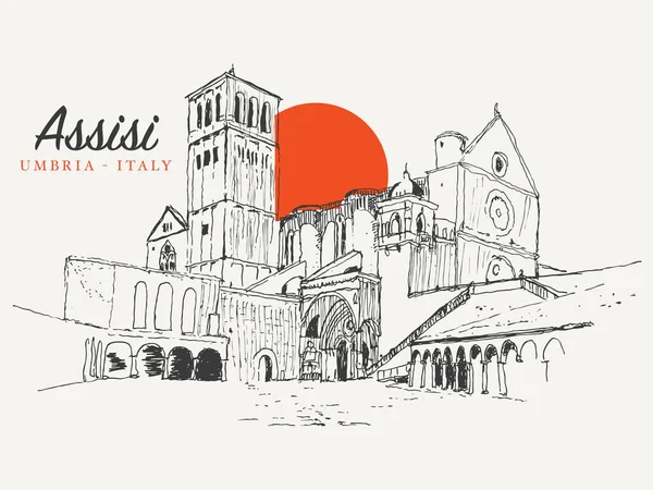 意大利翁布里亚利古里亚阿西西西的圣弗朗西斯科大教堂的矢量手绘草图 — 图库矢量图片
