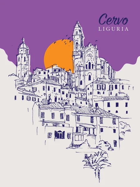 意大利利古里亚Cervo的矢量手绘草图 — 图库矢量图片