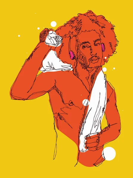 Vektor Fri Hand Teckning Illustration Muskulös Man Med Afro Hår — Stock vektor