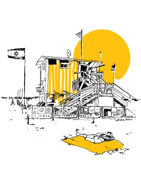 以色列特拉维夫海滩一带典型的Tel Avivian救生塔的矢量手绘草图 — 图库矢量图片