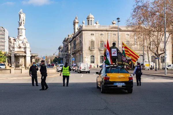 Barcelona Spain Feb 2022 Taxi Drivers Protesting Uber Online Transportation — Stockfoto