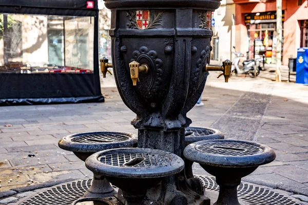 Barcelona Spanien Februar 2022 Gusseiserner Öffentlicher Brunnen Mit Dem Stadtwappen — Stockfoto