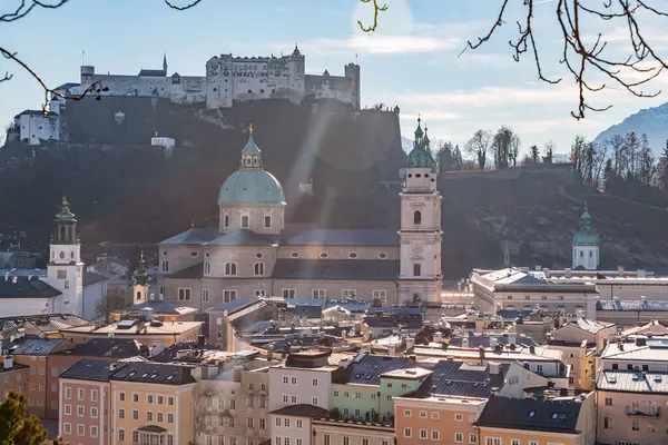 Salzburgo Áustria Dezembro 2021 Vista Fortaleza Hohensalzburg Festung Hohensalzburg Uma — Fotografia de Stock