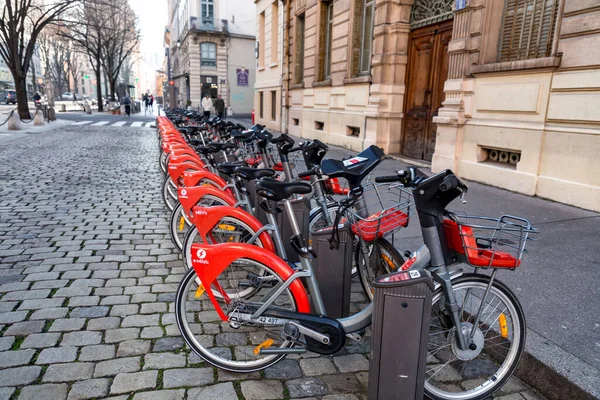 Lyon Francia Enero 2022 Fila Bicicletas Velov Estacionadas Bicicletas Rentables — Foto de Stock
