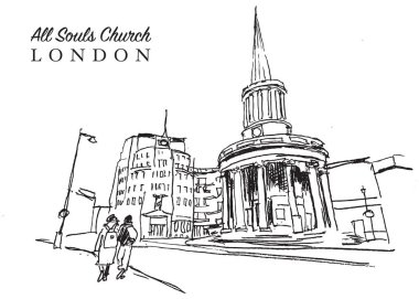 Vector hand drawn sketch illustration of the All Souls Church is an evangelical Anglican church in central London, UK clipart