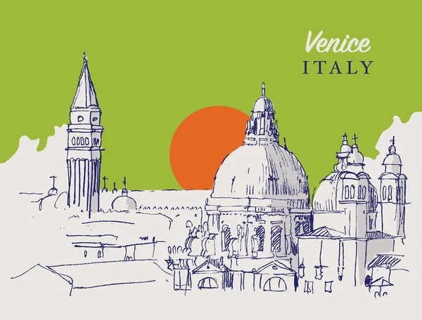 ベクター手描きのスケッチイラストセントマルコのキャンパニャイルとヴェネツィアのサンタマリアデッラサルートバシリカのドーム — ストックベクタ