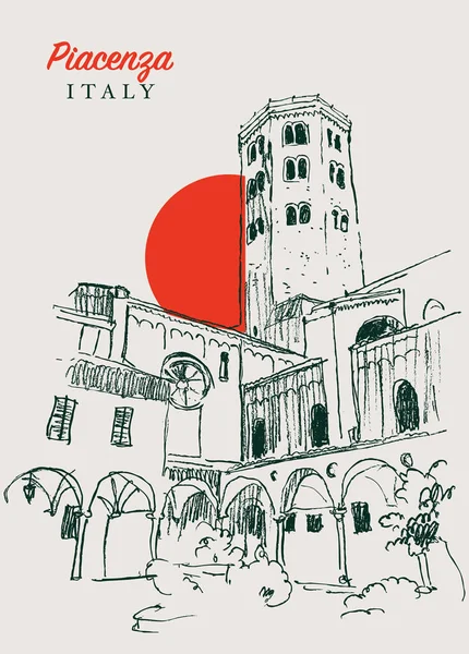 意大利埃米利亚 罗马纳皮亚琴察圣安东尼奥教堂的矢量手绘草图 — 图库矢量图片
