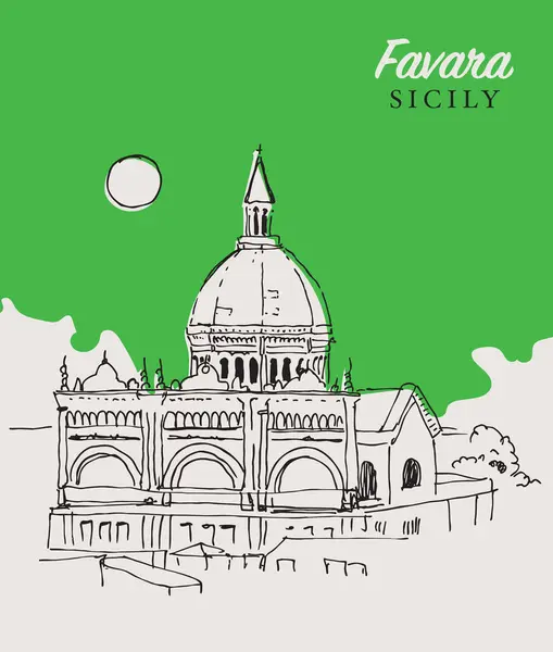 Croquis Vectoriel Dessiné Main Église Notre Dame Assomption Favara Sicile — Image vectorielle