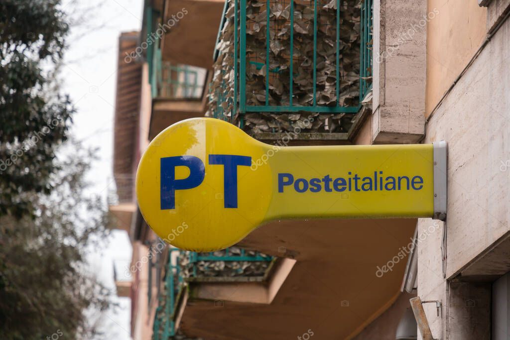 Siena, Italy - APR 7, 2022: Signage of Italian state postal service PT, Poste Italiane.
