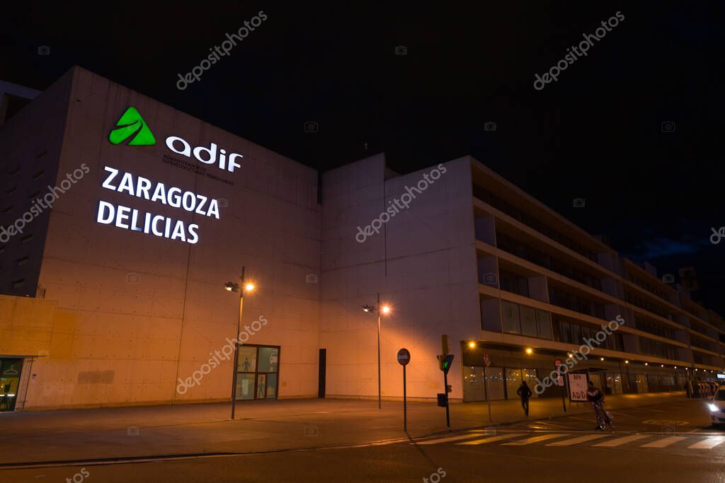 Zaragoza, Spain - FEB 14, 2022: Exterior of Delicias Railway Station, the main public transport hub of the city of Zaragoza, Aragon, Spain.