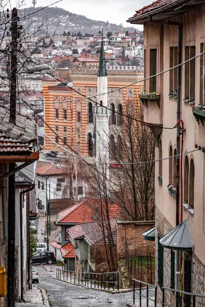 Sarajevo Bosnië Herzegovina Feb 2024 Typisch Bosnische Architectuur Stadsgezicht Heuvelachtige — Stockfoto