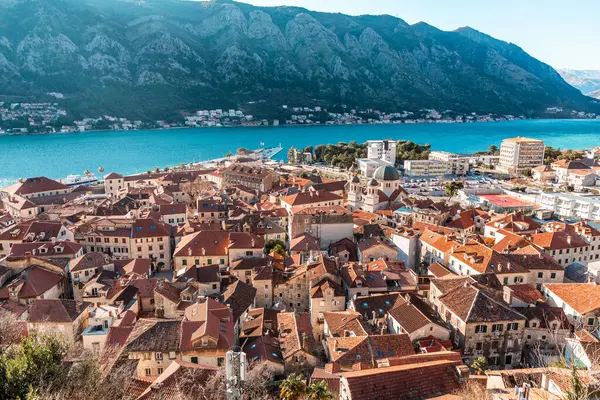 stock image Kotor, Montenegro - FEB 14, 2024: Coastal view on a sunny winter day on the Bay of Kotor from the medieval hilltop fortress, Adriatic coast of Montenegro.