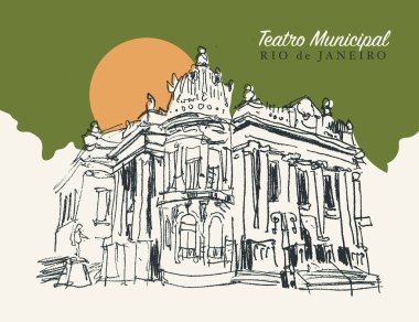 Vector hand drawn sketch illustration of the Municipal Theater of Rio de Janeiro, Brazil clipart