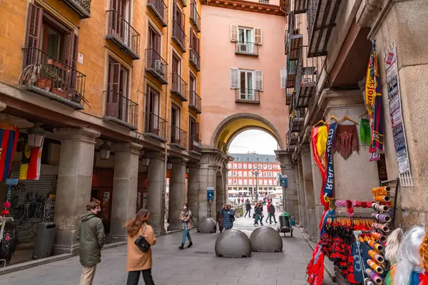 stock image Madrid, Spain - FEB 17, 2022: Urban view from the Plaza Mayor, Town Square, a major public space in the heart of Madrid, the capital of Spain.