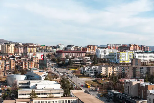 stock image Pristina, Kosovo - February 5, 2024: Aerial street view from the Cathedral of Mother Teresa in downtown Pristina, the capital of Kosovo.