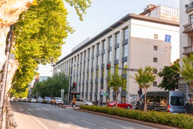 Tbilisi, Georgia - 23 JUNE, 2024: Stamba is a complex of five star hotel, coworking space, bar, cafe and eco-style shared urban areas on Merab Kostava street, Tbilisi, Georgia. clipart