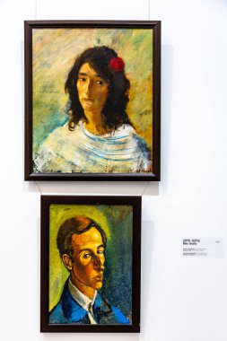 Tbilisi, Georgia - 14 AUG, 2024: Artworks by Georgian artists displayed at the Fine Arts Gallery of Georgia in Tbilisi. Artwork by Nikoloz Shengelaia. clipart