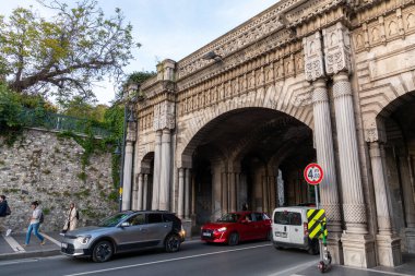 Istanbul, Turkiye - OCT 14, 2024: Ottoman Arch bridge on Ciragan Avenue in Besiktas, a district and municipality of Istanbul Province located on the European side of the Bosphorus, Turkiye. clipart