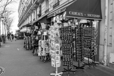 Paris, France - January 24, 2022: Touristic souvenirs of Paris city sold at a gift shop in Paris, the capital of France. clipart