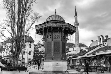 Sarajevo - BiH - 10 FEB 2024: Bascarsija is Sarajevo's old bazaar and the historical center of the city, built in the 15th century when Isa Beg Ishakovic founded the city. clipart