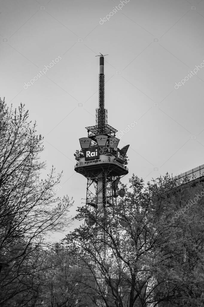 Milan, Italy - 29 March 2022: RAI, Radio Televisione Italiana tower in Milan. RAI is the Italian state owned public service broadcaster controlled by the Ministry of Economic Development.