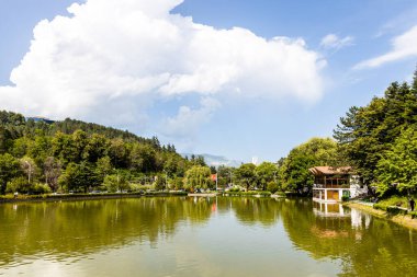 Dilijan, Ermenistan - 5 Temmuz 2024: Güneşli yaz gününde Dilijan şehrindeki yapay göl kenti göleti manzarası