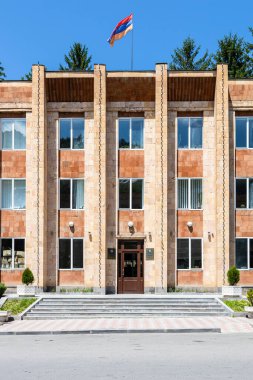 Dilijan, Armenia - July 6, 2024: front view of town hall building in Dilijan city, Armenia on sunny summer day