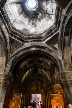 Tsaghkadzor, Armenia - July 14, 2024: ceiling light inside gavit of S Grigor church in Kecharis Monastery on summer day in Tsaghkadzor town, Armenia clipart