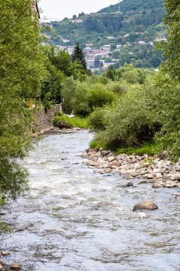 Ermenistan 'ın Dilijan şehrinde Aghstev nehir yatağı bulutlu yaz gününde