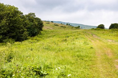 Yaz bulutlu bir günde Tsaghkadzor kasabası, Ermenistan yakınlarındaki yeşil dağlarda yol