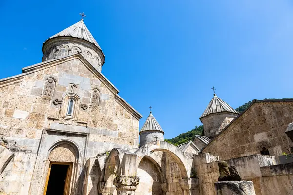 stock image view of St. Astvatsatsin Church from patio in Haghartsin Monastery near town of Dilijan in Tavush Province of Armenia on sunny summer day