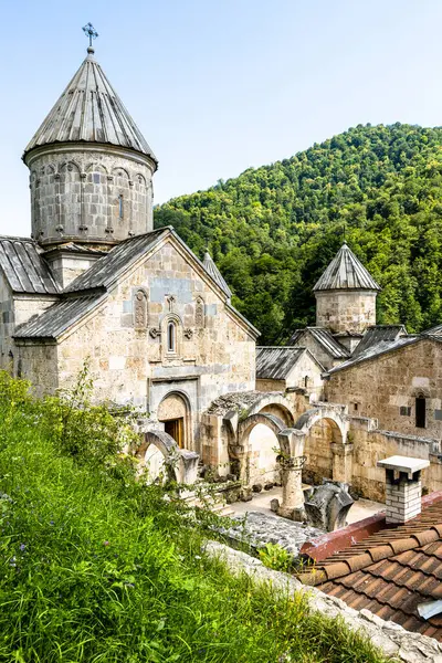 stock image above view of St Astvatsatsin Church with patio in Haghartsin Monastery near town of Dilijan in Tavush Province of Armenia on sunny summer day