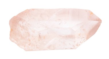 Jeolojik koleksiyondaki doğal taş örneklerini kapatın. Beyaz arka planda izole edilmiş ham gül kuvars kristali.