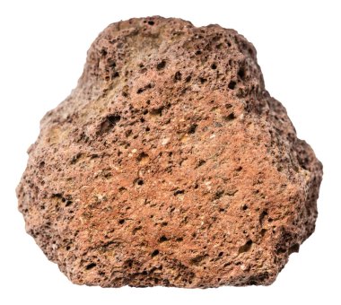 Jeolojik koleksiyondaki doğal taş örneğini kapat. Beyaz arka planda izole edilmiş cilalanmamış kahverengi lav taşı.