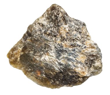 Jeolojik koleksiyondaki doğal taş örneğini kapat. Madagaskar 'dan beyaz arka planda izole edilmiş koyu yeşil labradorit minerali.