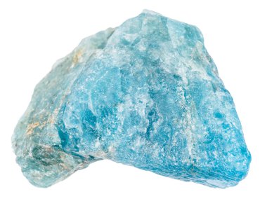 Jeolojik koleksiyondaki doğal taş örneklerini kapatın. Beyaz arka planda izole edilmiş kaba mavi apatit madeni.