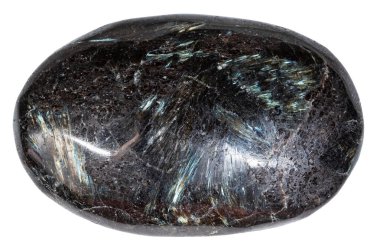 Jeolojik koleksiyondaki doğal taş örneğini kapatın. Grönland 'ın beyaz arka planında izole edilmiş nuummite taşı yuvarlandı.