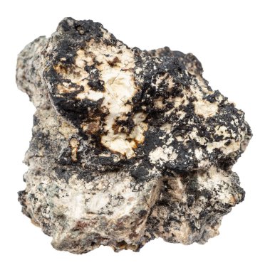 Jeolojik koleksiyondaki doğal taş örneğini kapat - Kola Yarımadası 'ndan beyaz arkaplanda izole edilmiş ham kriptomelane minerali