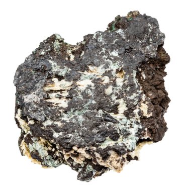 Jeolojik koleksiyondaki doğal taş örneğini kapat - cilalanmamış tenorit mineral Güney Urallar 'dan beyaz arka planda izole edilmiş