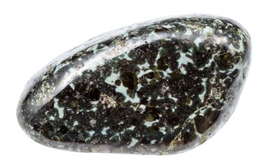 Jeolojik koleksiyondaki doğal taş örneğini kapat. Cilalanmış gabbronorit minerali. Karelia 'dan beyaz arka planda izole edilmiş.