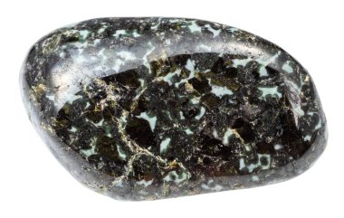 Jeolojik koleksiyondaki doğal taş örneğini kapat. Karelia 'dan beyaz arka planda izole edilmiş gabbro-norite minerali.